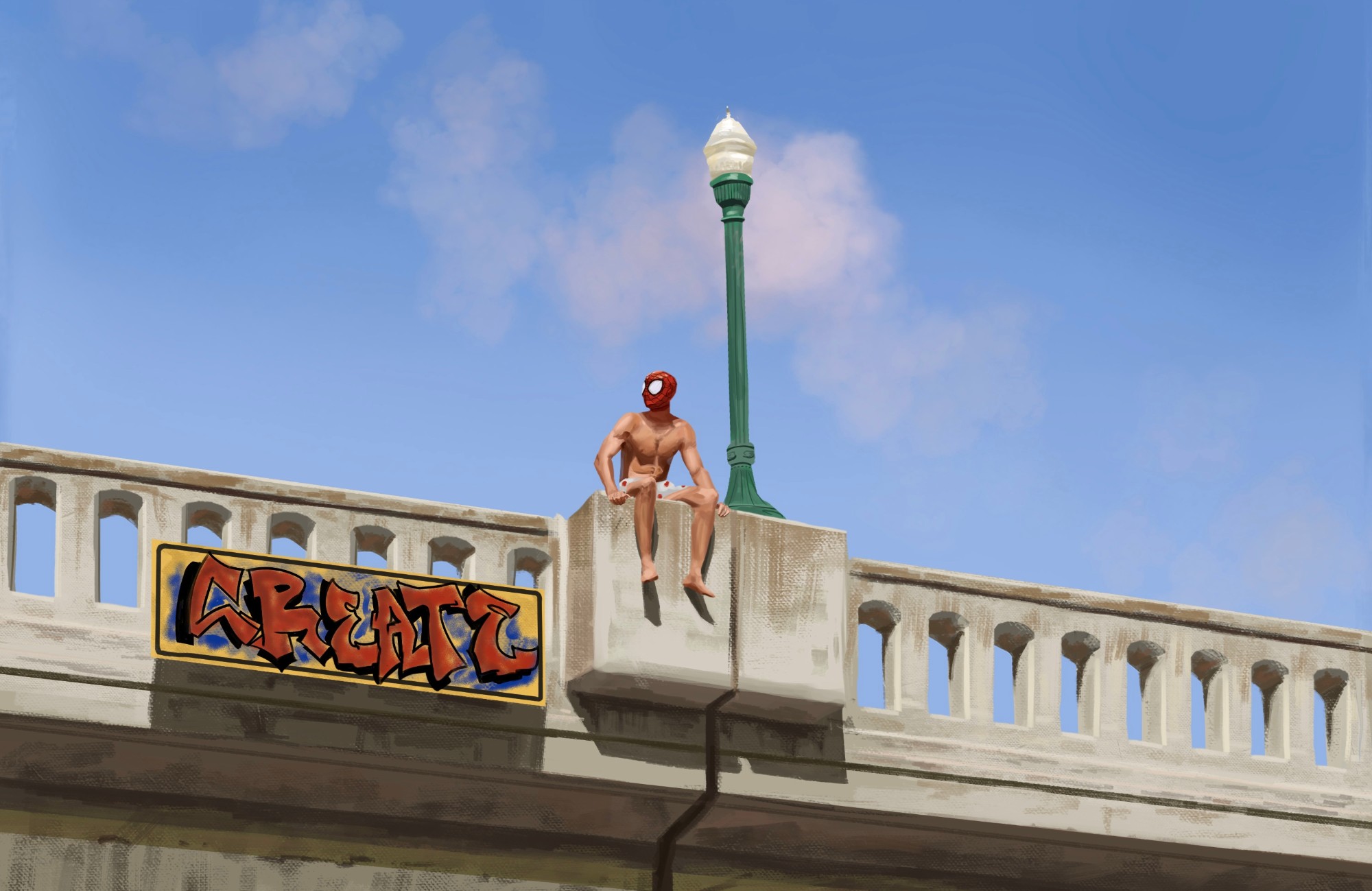Digital painting: a masked figure in polka-dot shorts sits on a concrete bridge railing beside a green lamppost, under a blue sky, with CREATE graffiti on the bridge